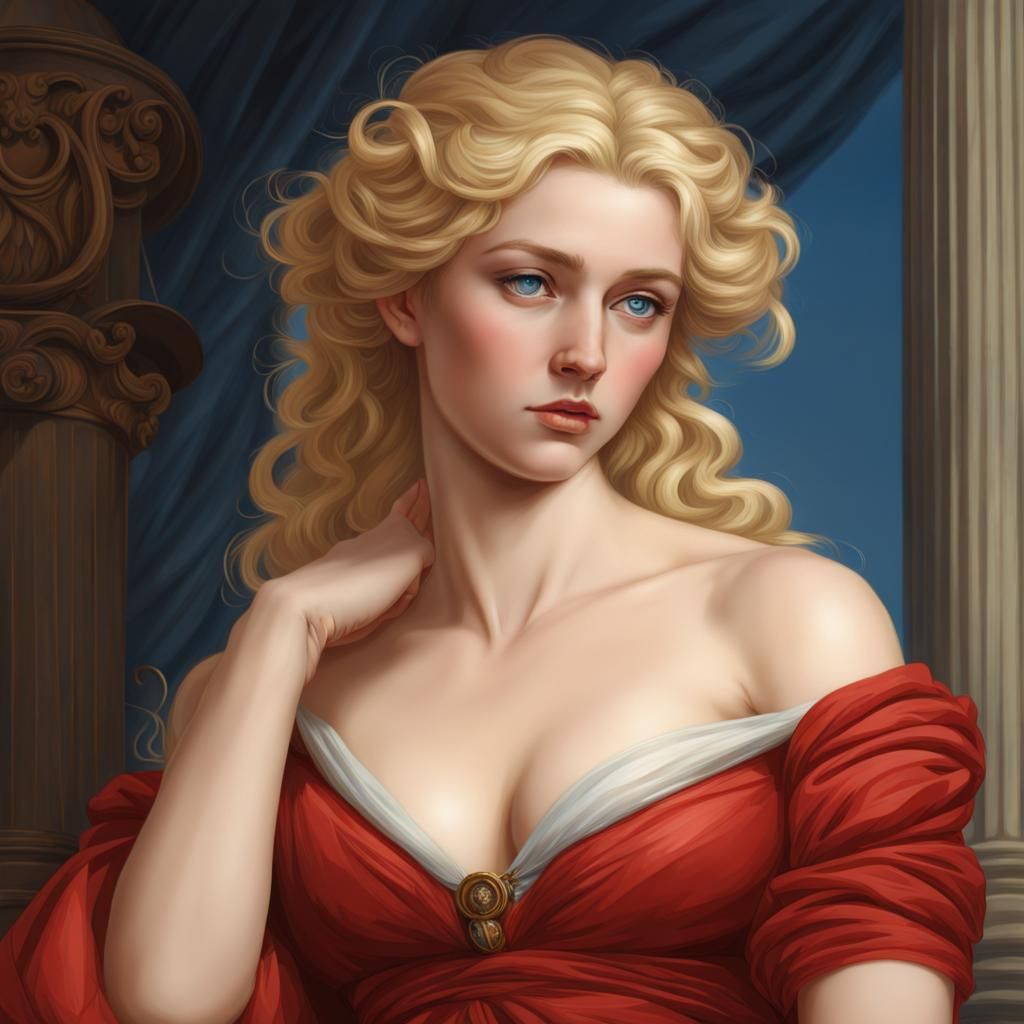 Beautiful Woman in Red Dress, Neoclassical Style
