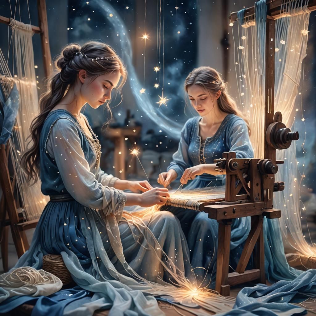 Woman Weaving Starlight: Dreamlike Digital Painting