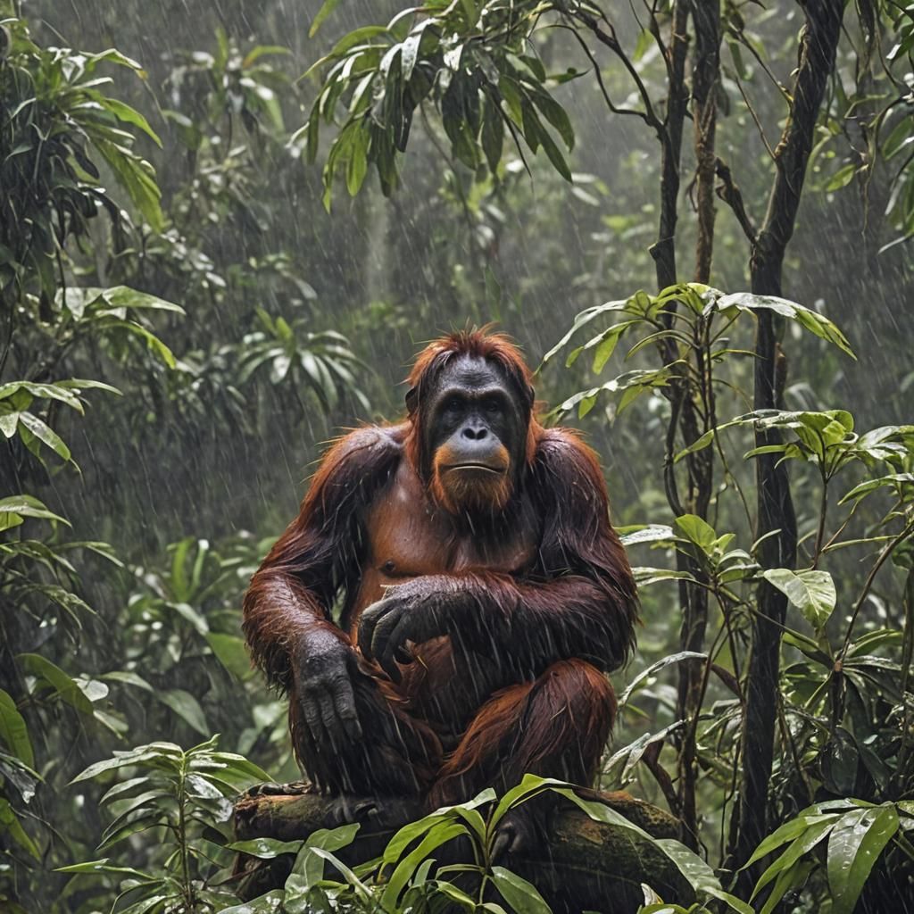 Orangutan Soaked in Rainforest Rain