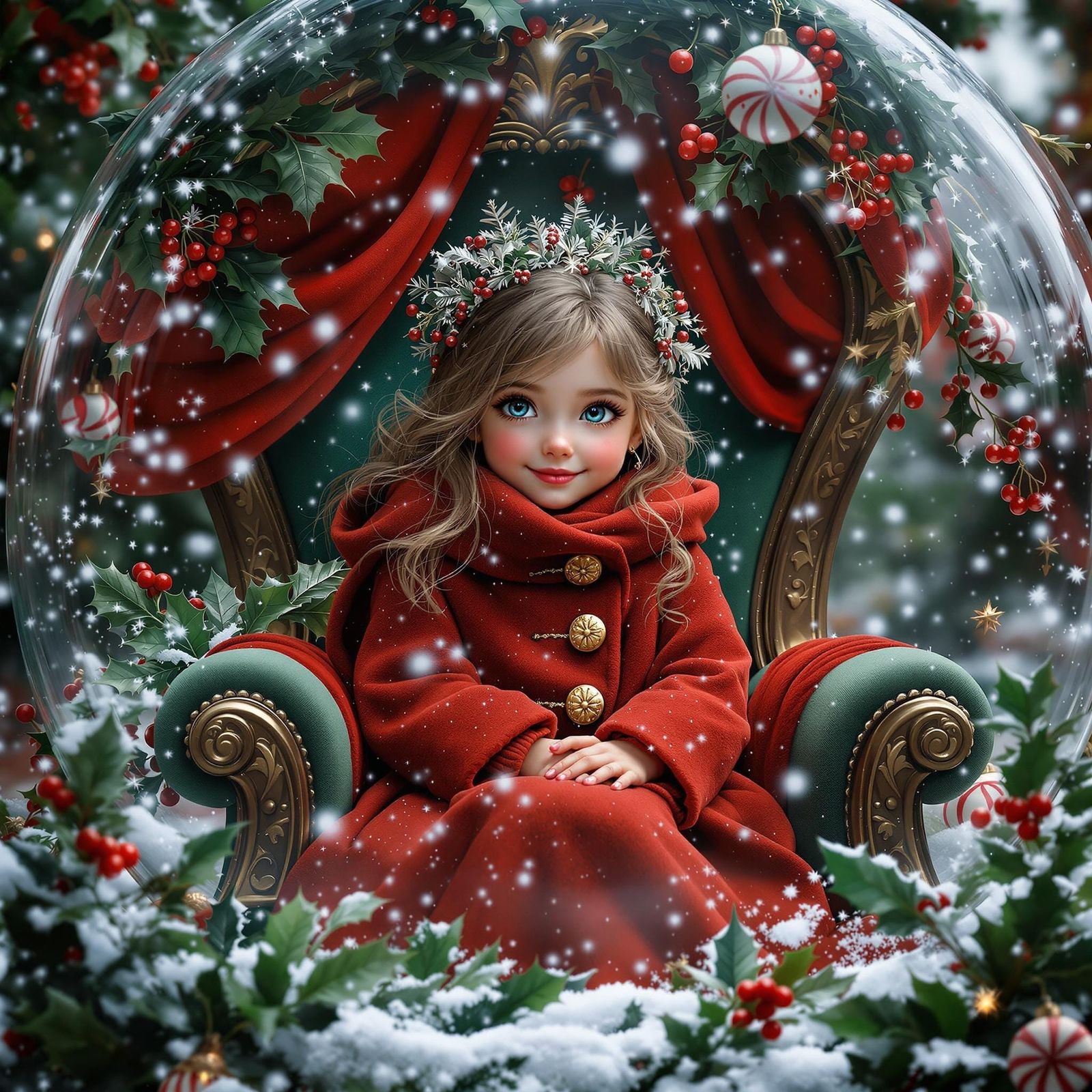 Magical Christmas Girl in Whimsical Snow Globe Setting