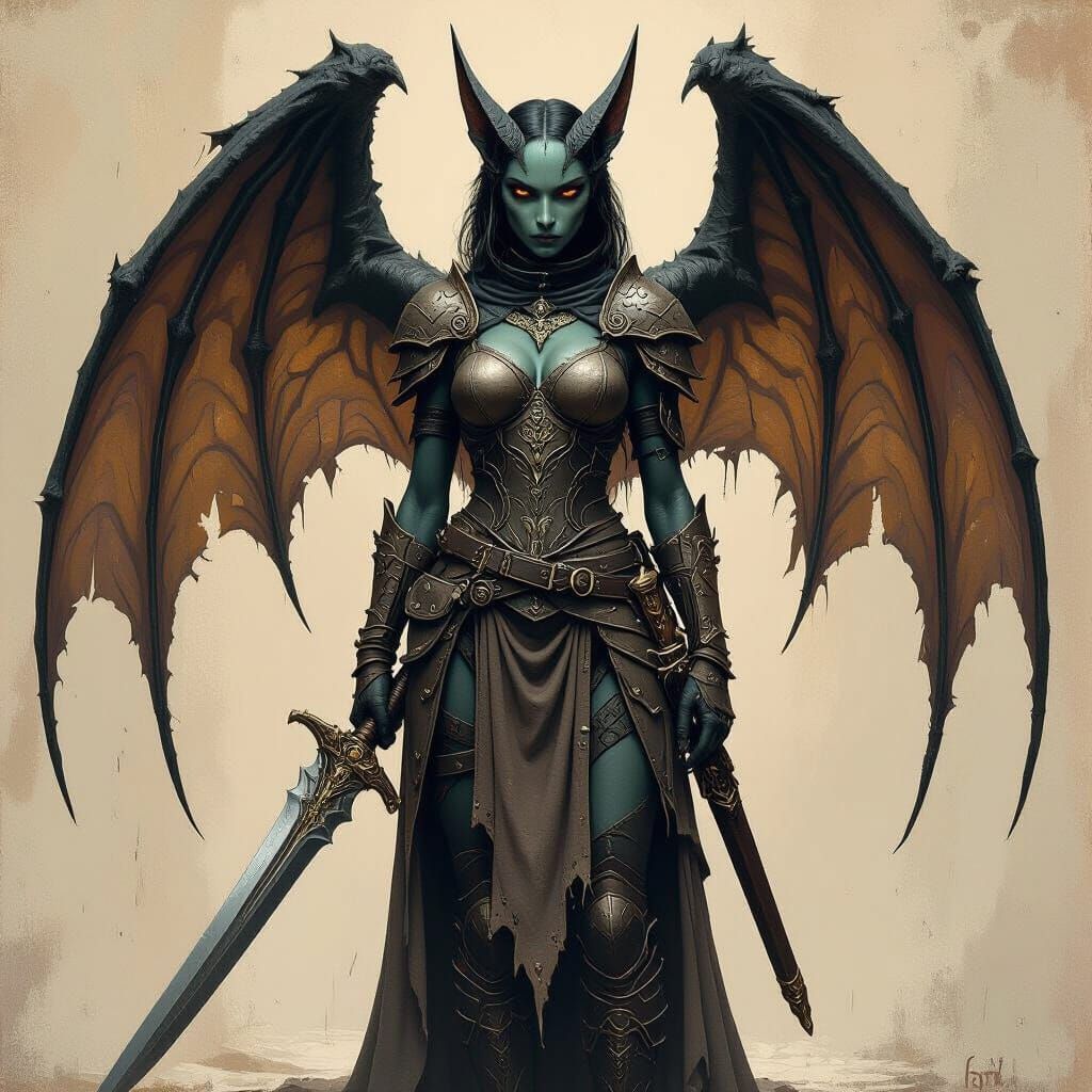 Winged Gargoyle Warrior with Ornate Sword in Earthy Tones