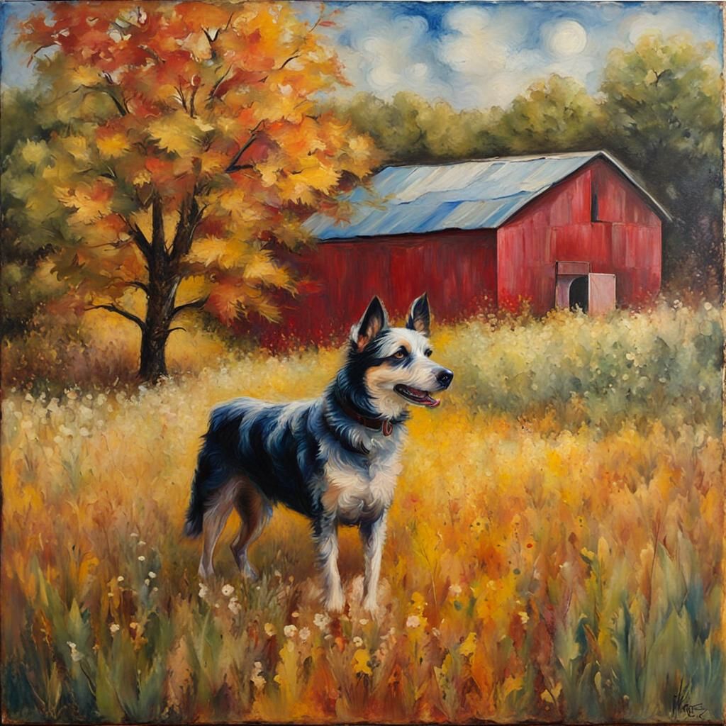 Encaustic Painting of Farm Dog in Field