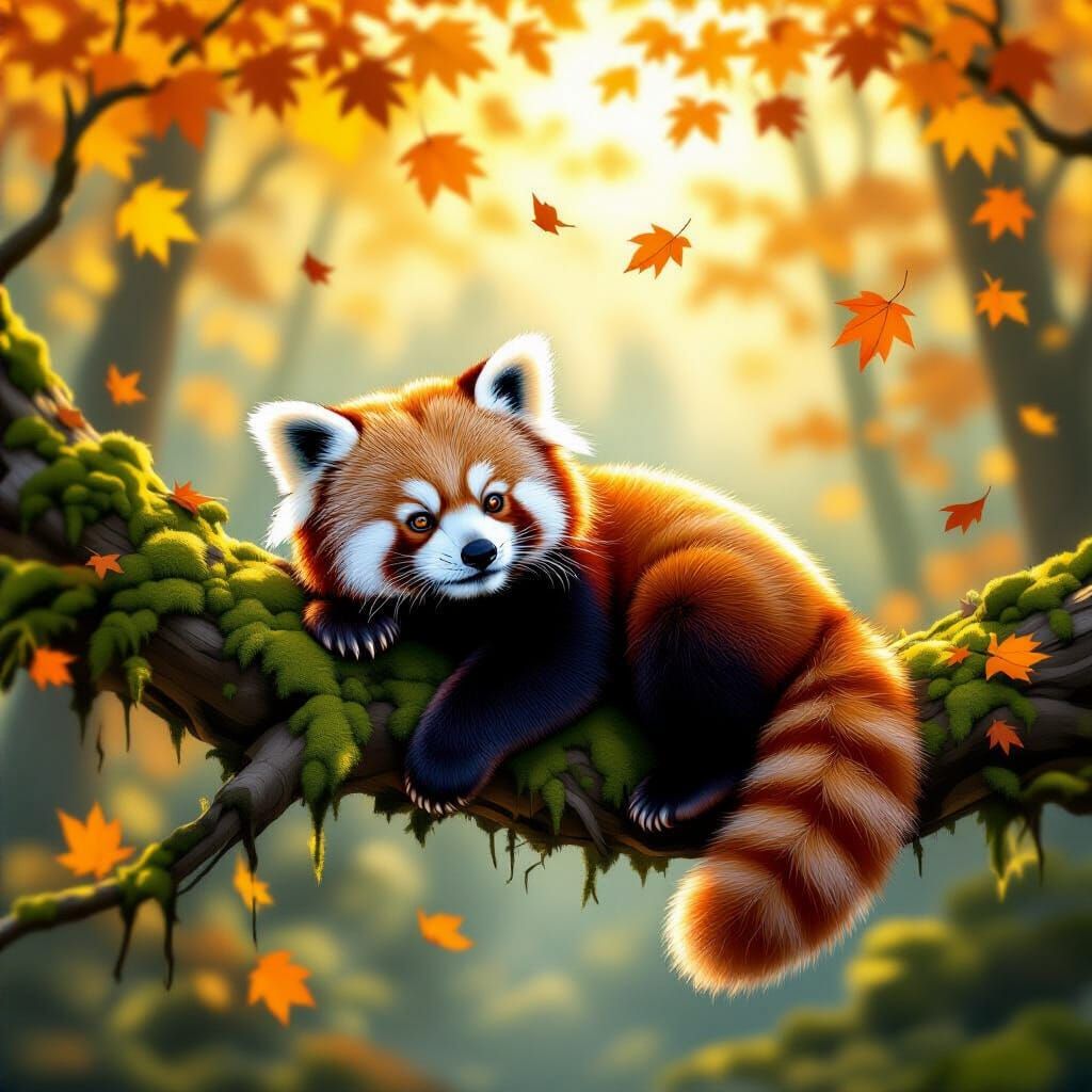 Fluffy Red Panda in Autumn Forest Sunlight