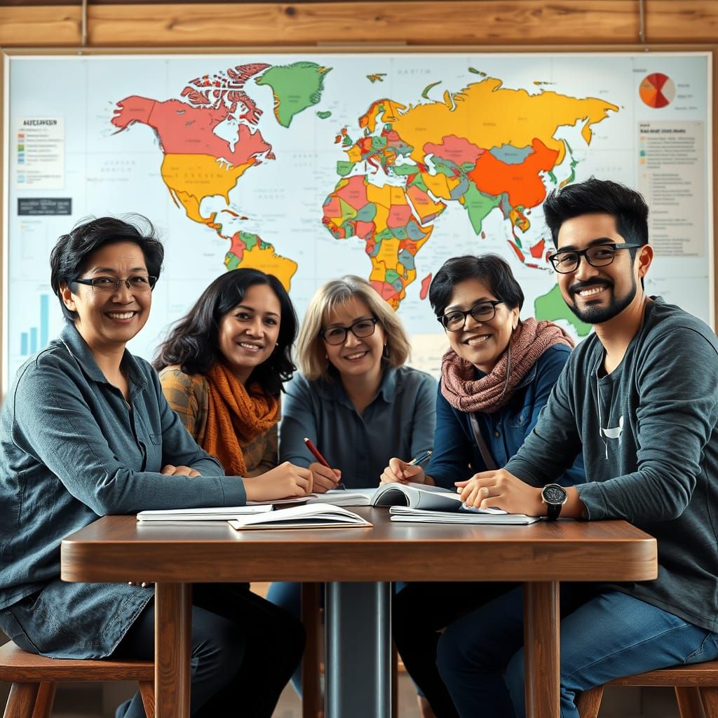 ESL Students Studying English in Hyperrealistic Style