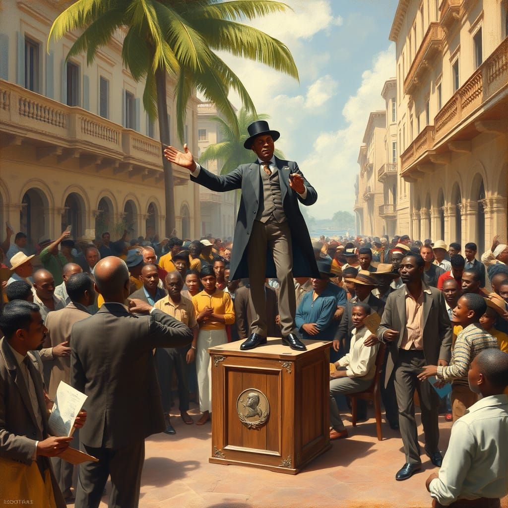 French Colonial Caribbean Town Square Scene in Oil Painting...