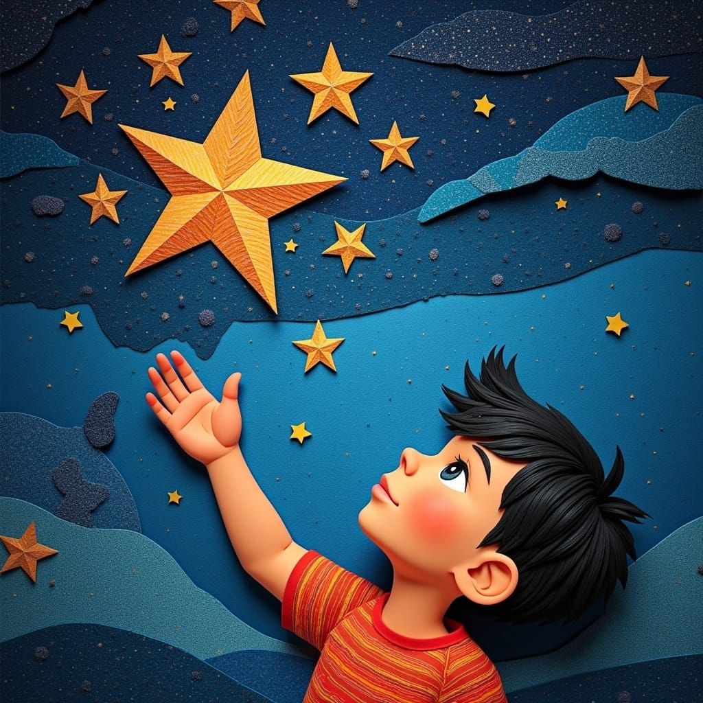 Boy Reaching for Stars in Paper Art Collage