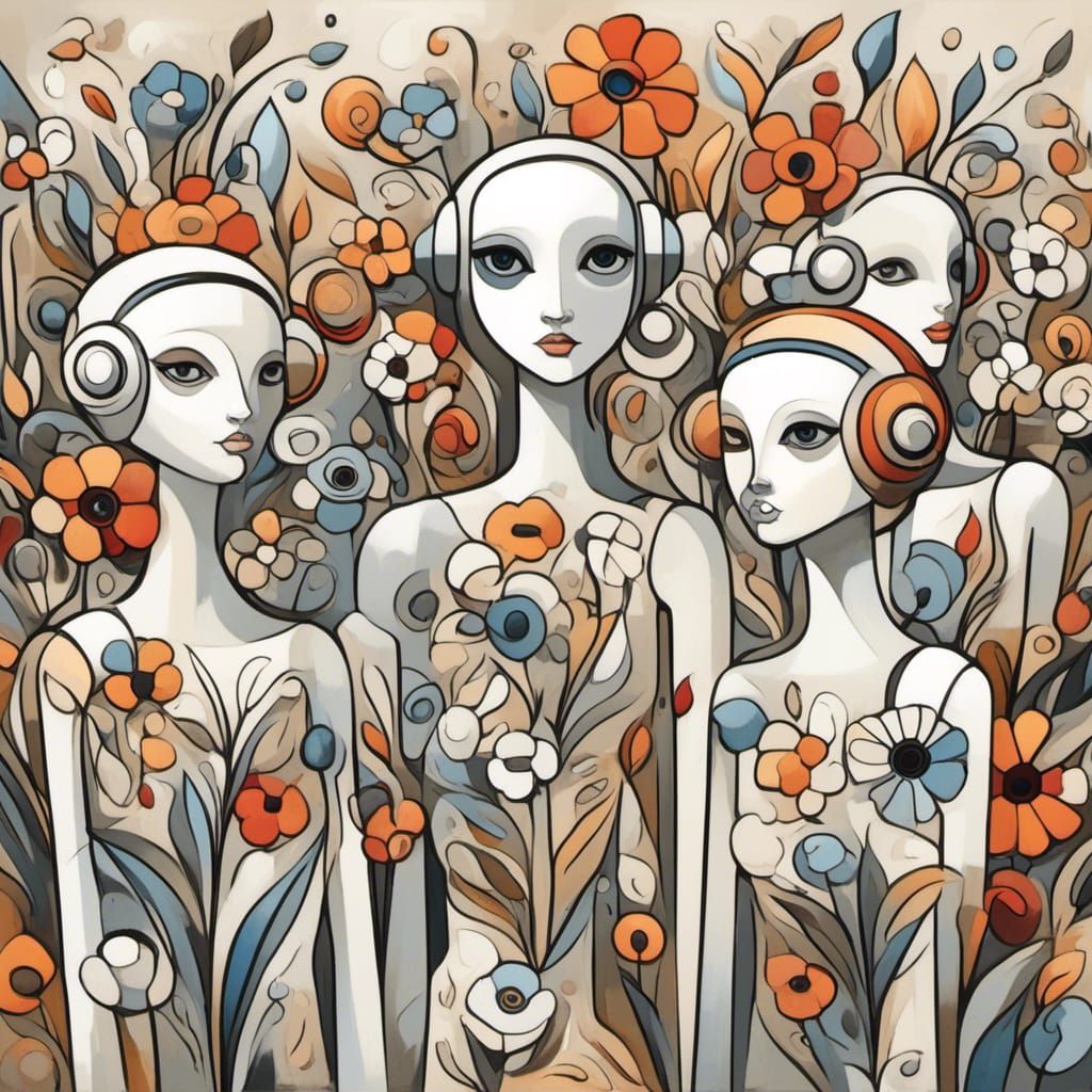Androids in Flower Garden with Deconstructed Style