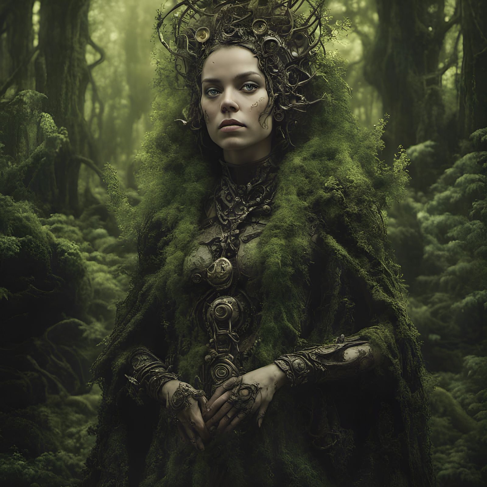 Steampunk Druid in Mossy Forest, Digital Art