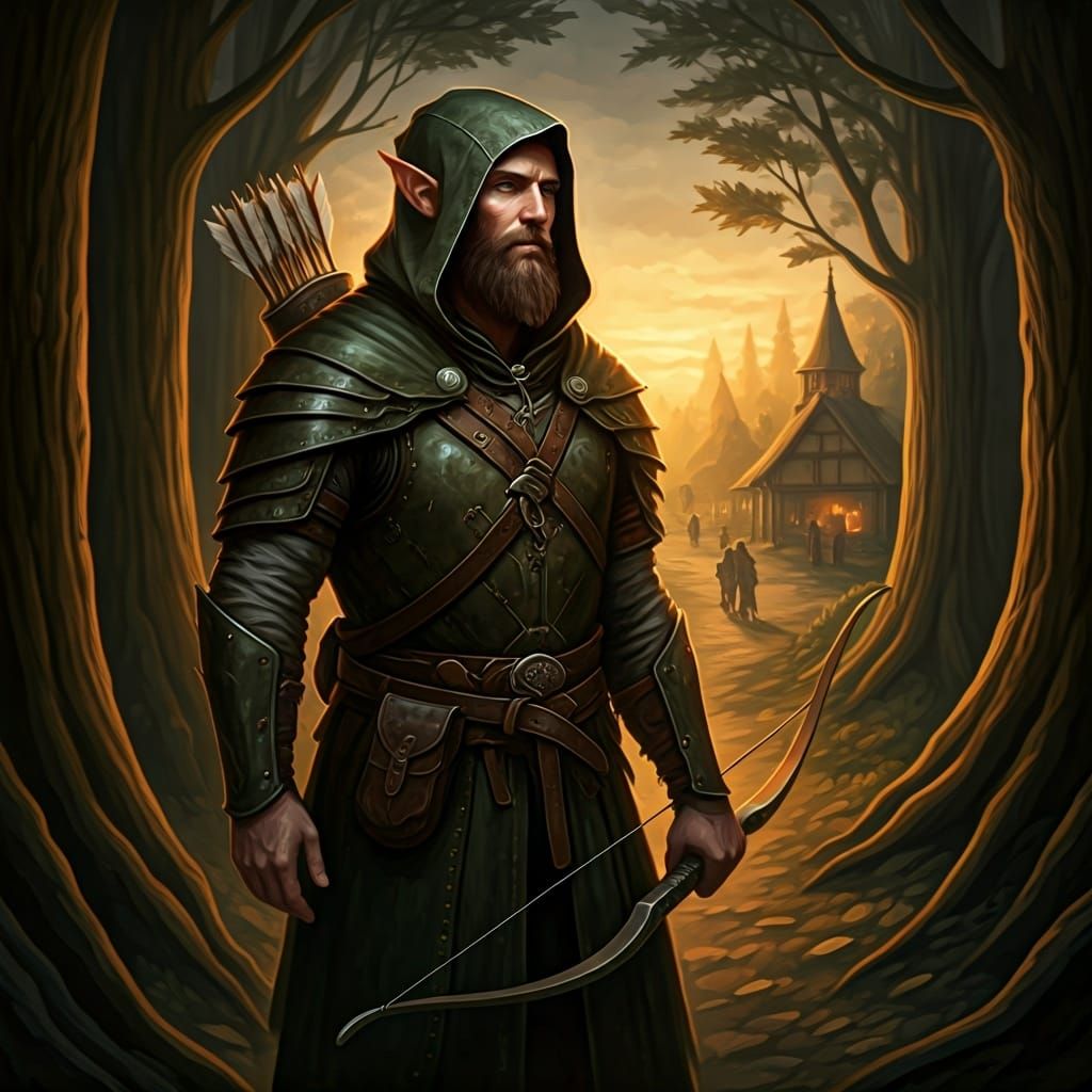 Half-Elf Archer Watches Village at Sundown