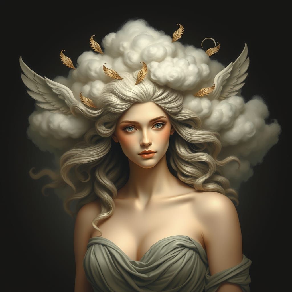 Mythical Goddess with Cloud Hair and Wings
