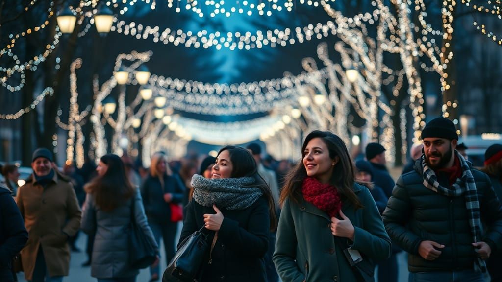 People Stroll Through Twinkling Holiday Lights