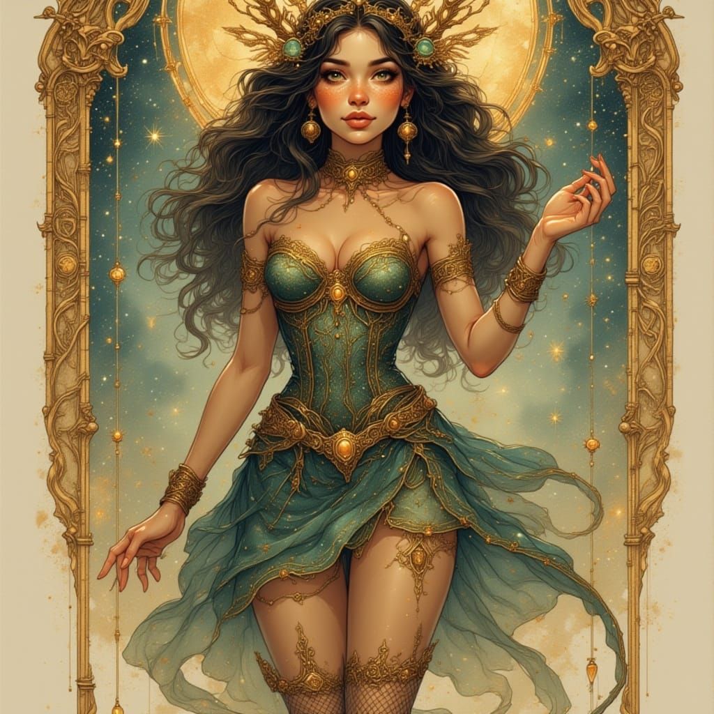 Steampunk Woman in Dragon Scale Skirt Dancing on Floating St...