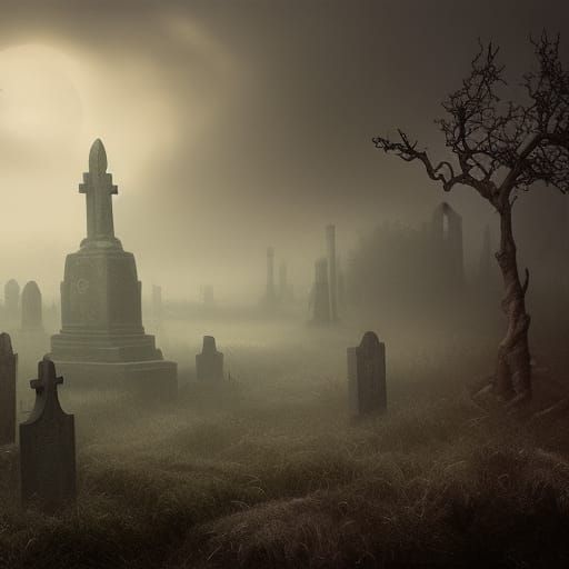 Mystical Graveyard in Dense Fog: Digital Matte Painting