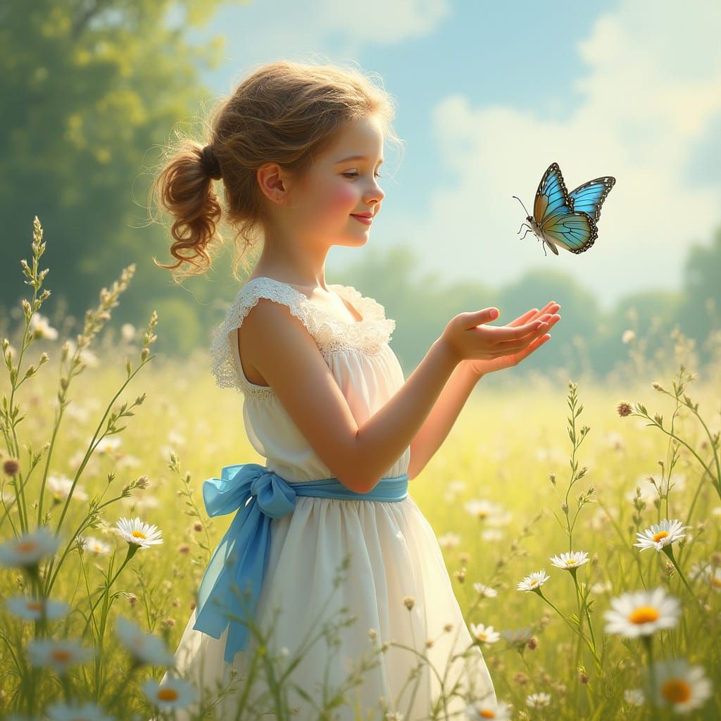 Girl Releases Butterfly in a Sunlit Meadow