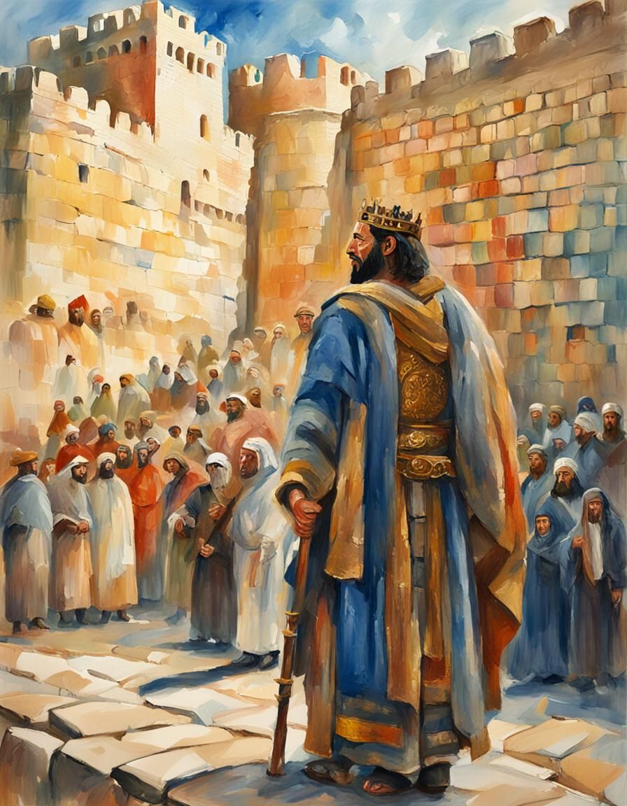 King Hezekiah and Jerusalem Wall in Gouache Style
