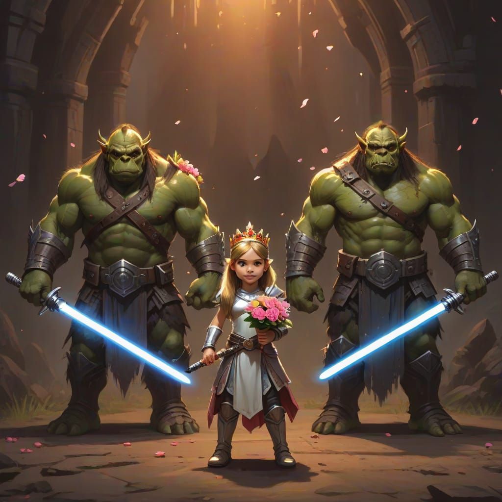 Tiny Princess Guarded by Muscular Orcs with Light Sabers