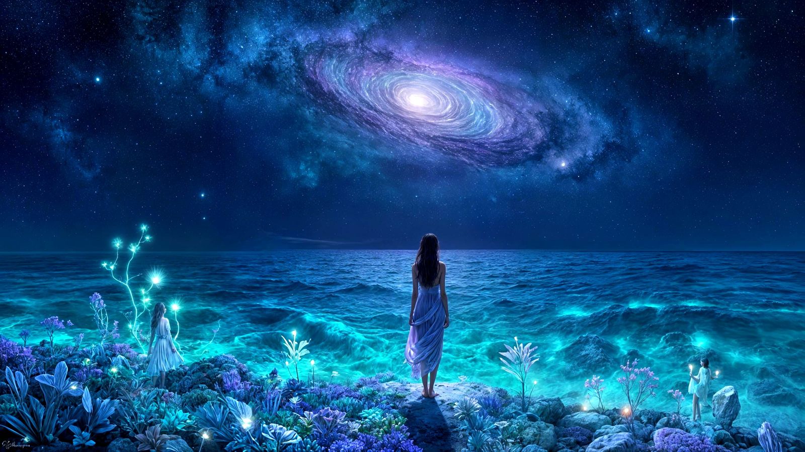 Ethereal Woman Gazes at Bioluminescent Ocean Under Galactic ...