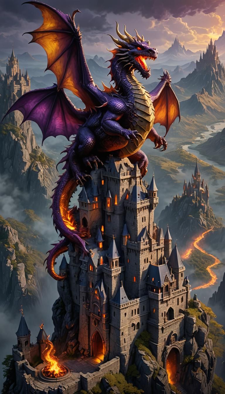 Flaming Dragon Perched Atop Haunted Castle