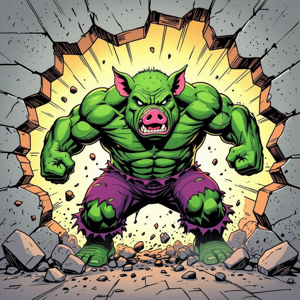 Hulk-like Pig Smashes Through Wall in Comic Style