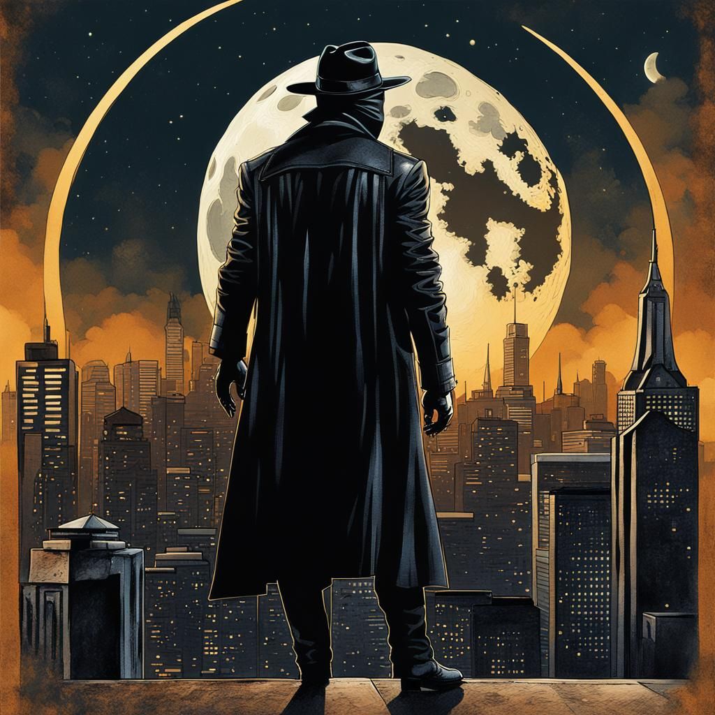 Masked Vigilante in Cityscape at Night