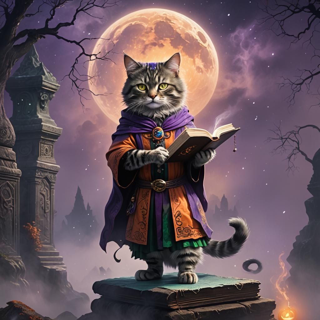 Cat in Halloween Costume on Ancient Tome