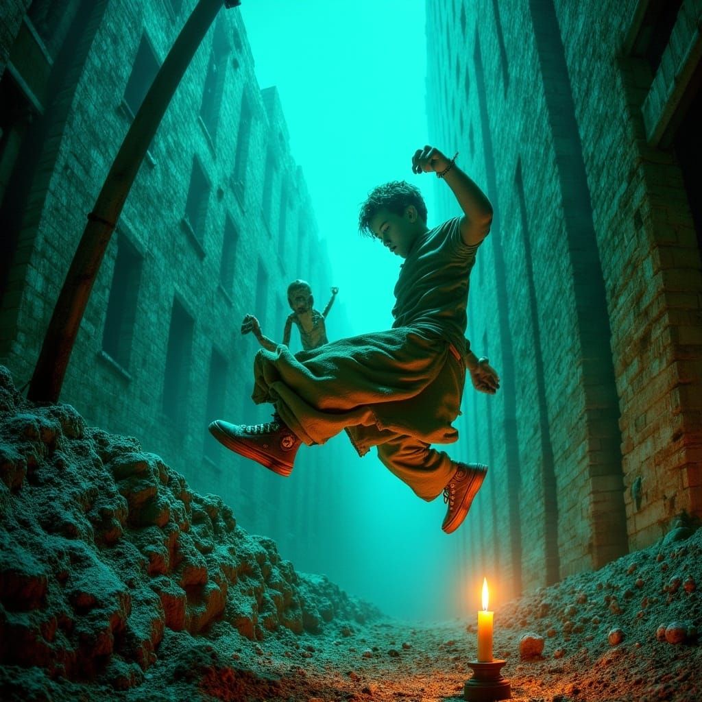 Youthful Figure Leaping in Ruined City