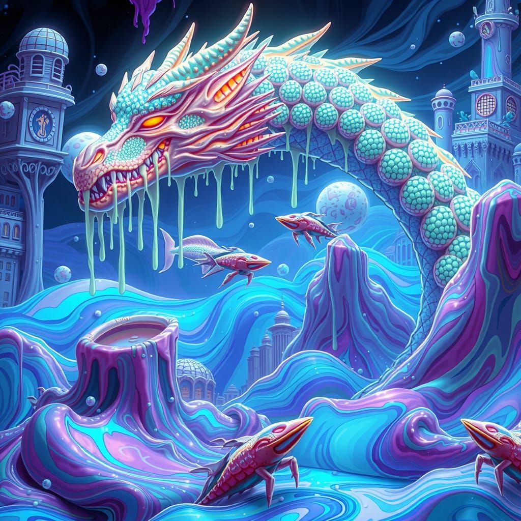 Surreal Dragon Emerges from Iridescent Yogurt Sea in Neon Dr...