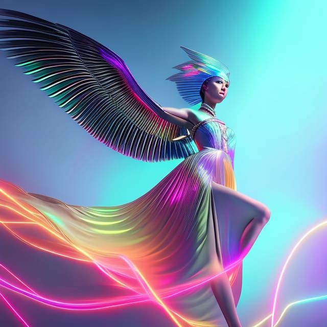Neon Art Nouveau Angel in Cyberpunk Style