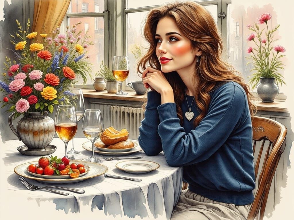 Elegant Woman Enjoys Home-Cooked Supper in Manhattan Apartme...