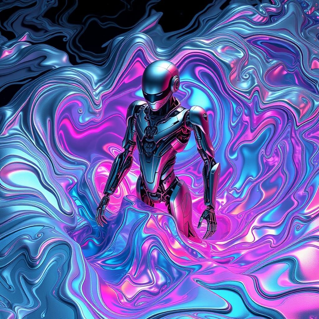 Android Emerges from Lava in Neon-Lit Cyberpunk Scene