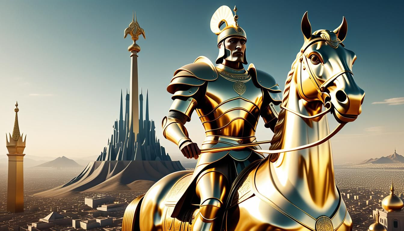 Golden Charioteer in Surreal Cityscape, 3D Visualization