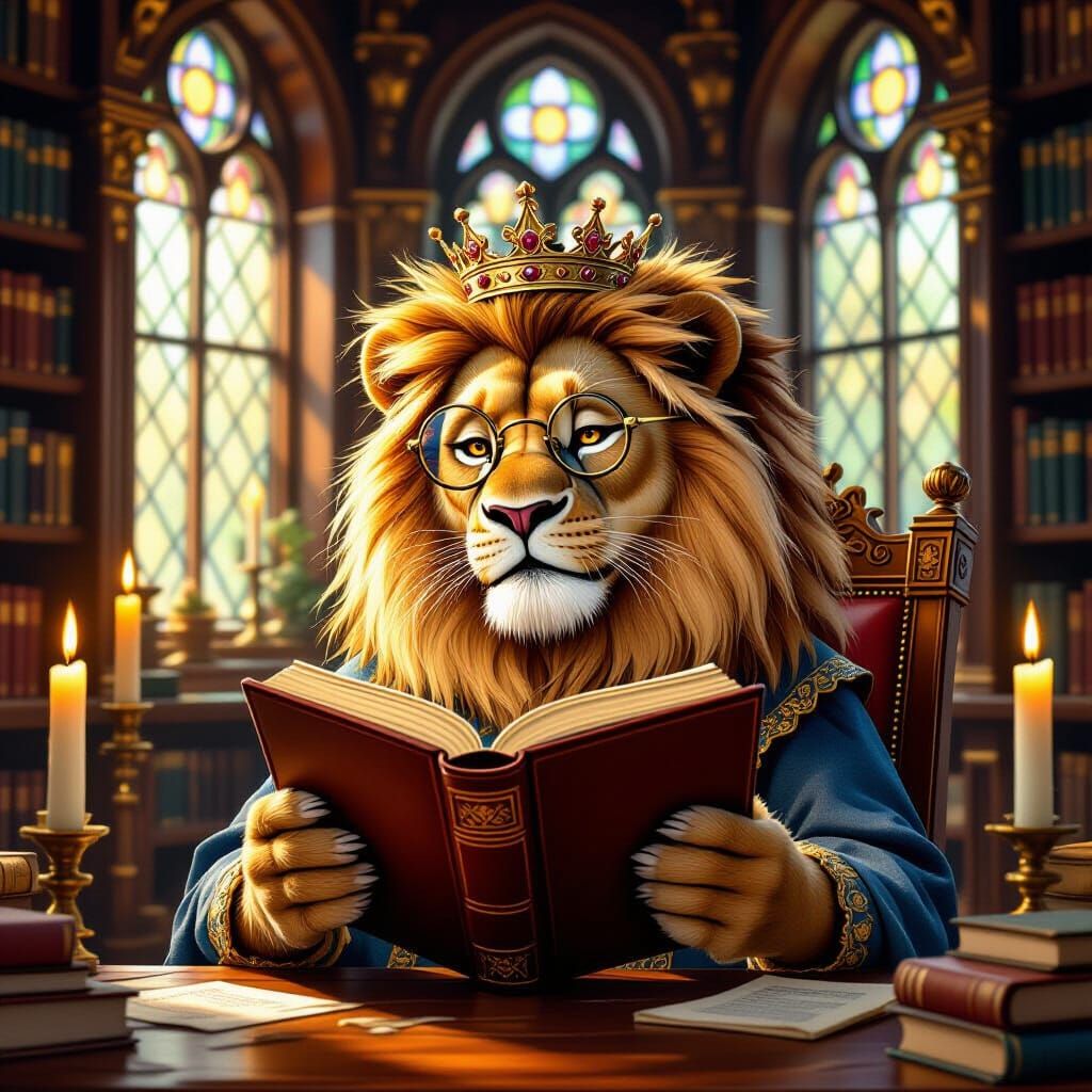 Lion in Library with Crown and Spectacles