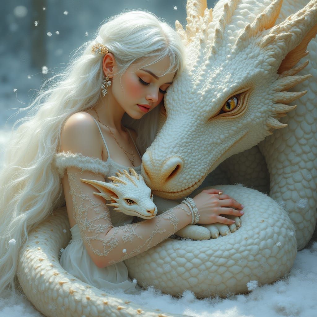 Serene Woman Embraces Majestic Dragons in Fantasy Art