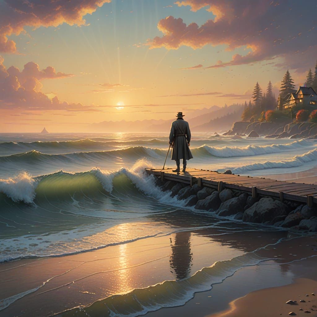 Ethereal Fantasy: Figure Crossing the Bar in Soft Light