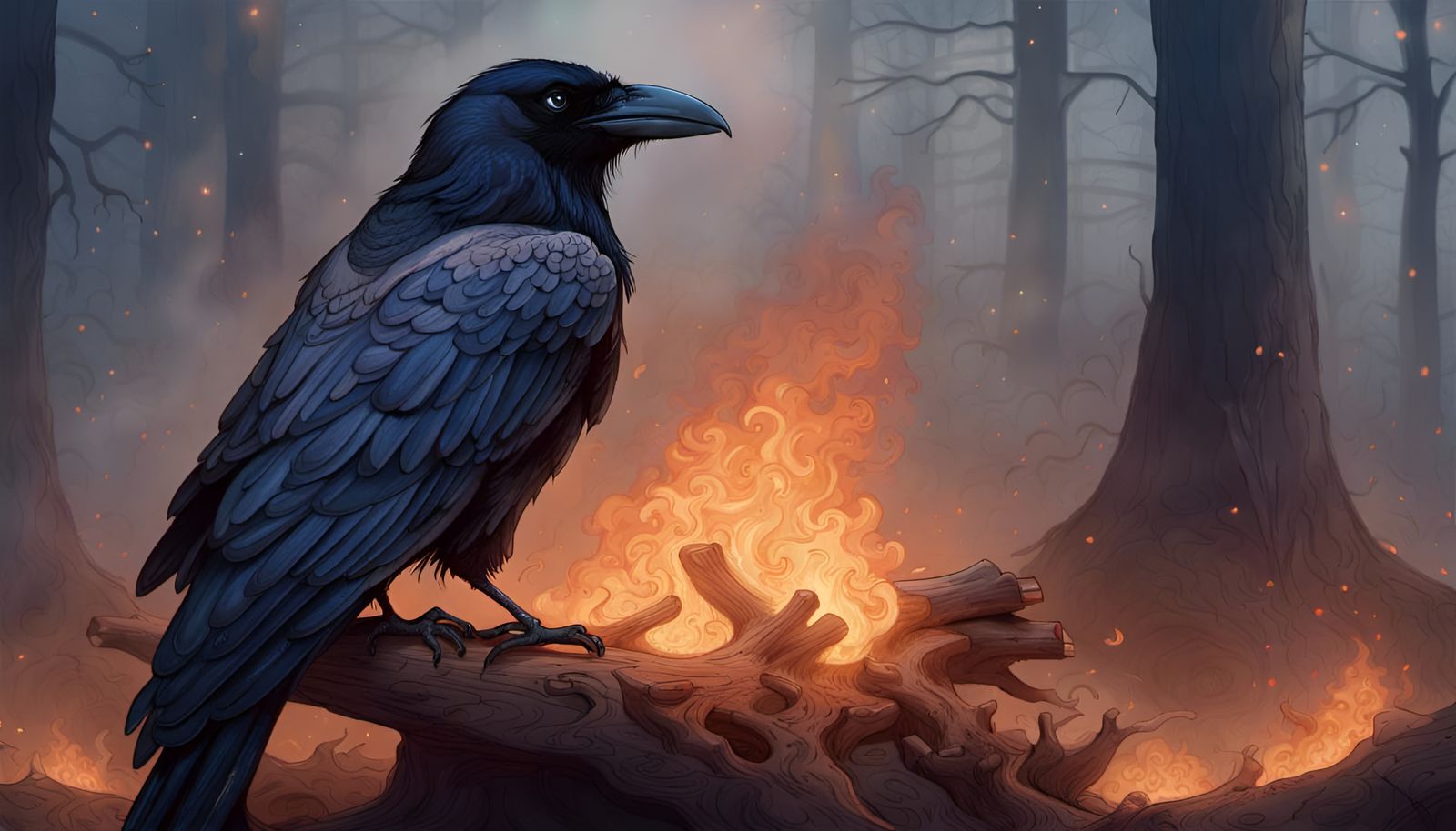 Black Raven King in Forest Fire, Fantasy Art