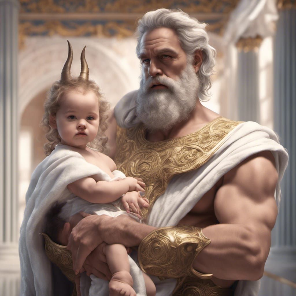 Zeus Holding Horned Baby Girl: Digital Matte Painting