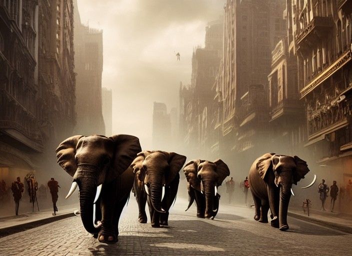 Steampunk Elephants Marching Through the City