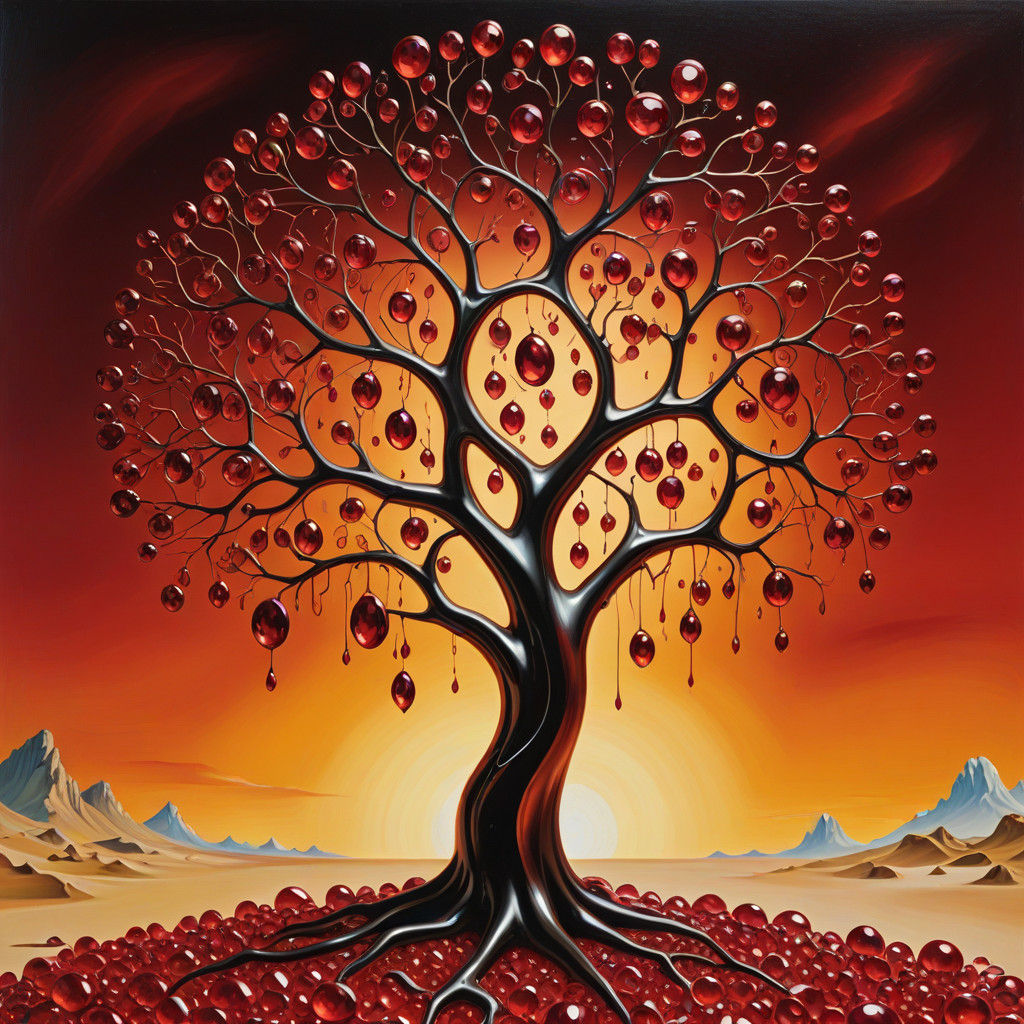 Surreal Ruby Gem Tree in Warm, Golden Light