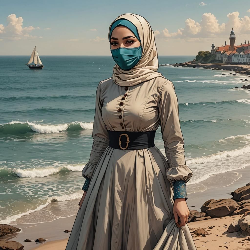 Victorian Woman by the Sea in Comic Book Style
