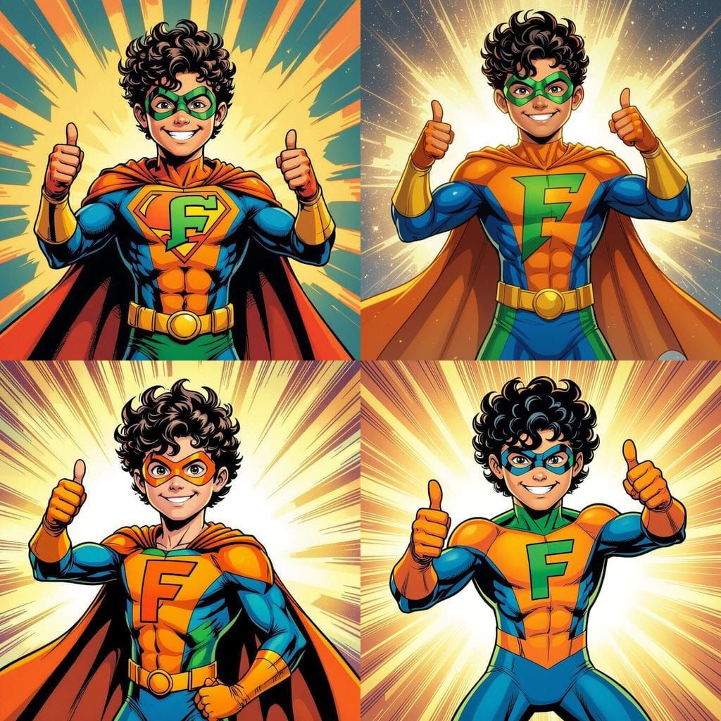 Superhero Boy with Curly Hair and Mask Gives Thumbs Up