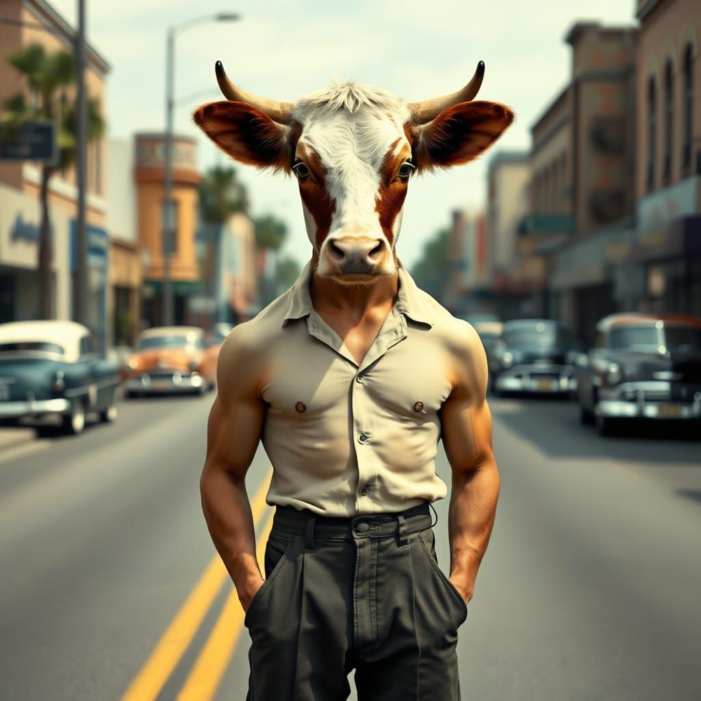 Half-Cow, Half-Boy Creature in 1950s Street Scene