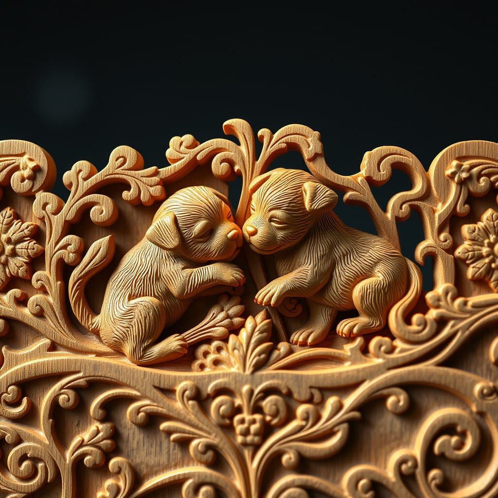 Rodin-Inspired Wooden Pencil Sculpture of Playful Puppies