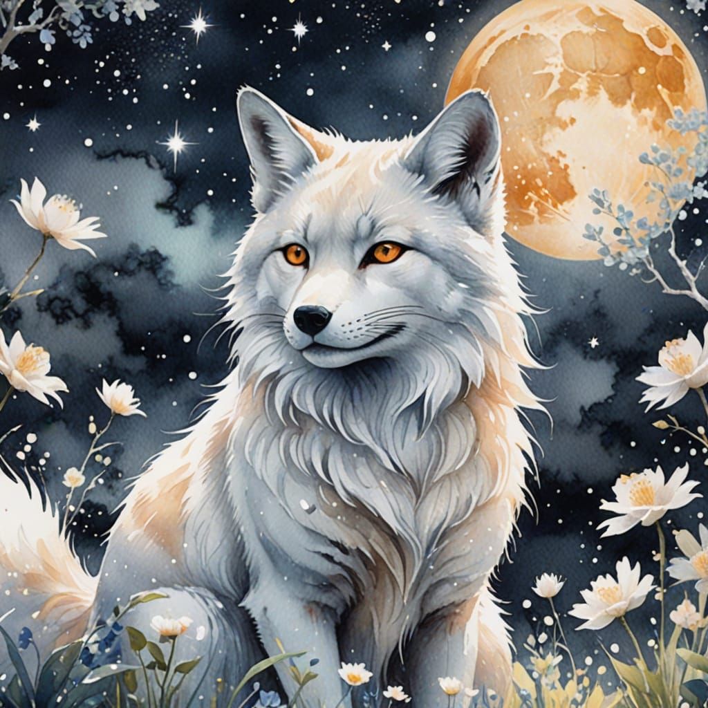 Celestial Kitsune in Watercolor Splash Art