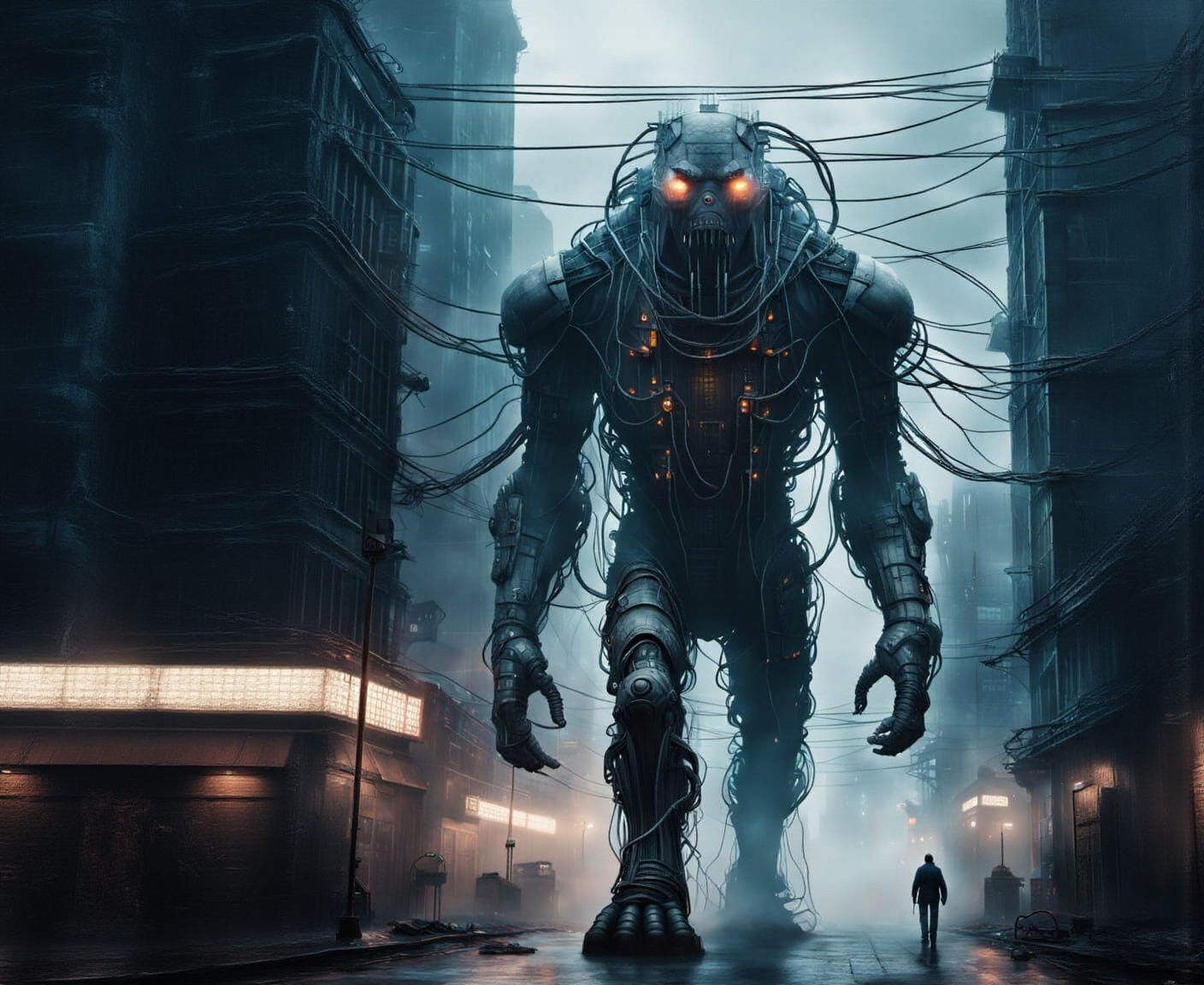 Colossal Electric Creature in Dystopian Cyberpunk City