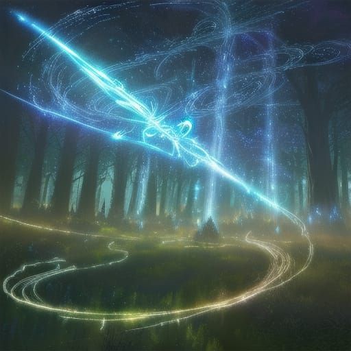 Enchanted Brooms Flying Through Mystical Forest