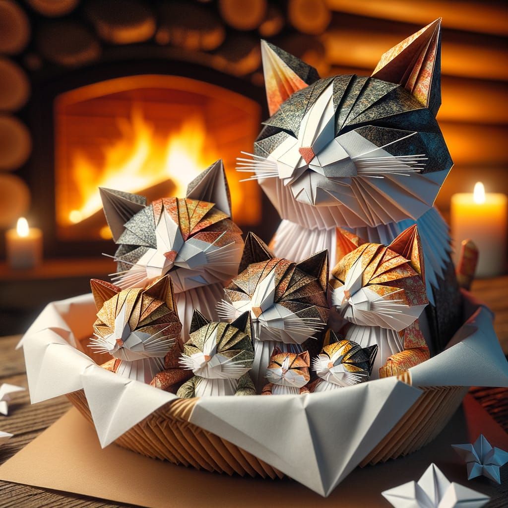 Origami Cat Family Cozy by Fireplace