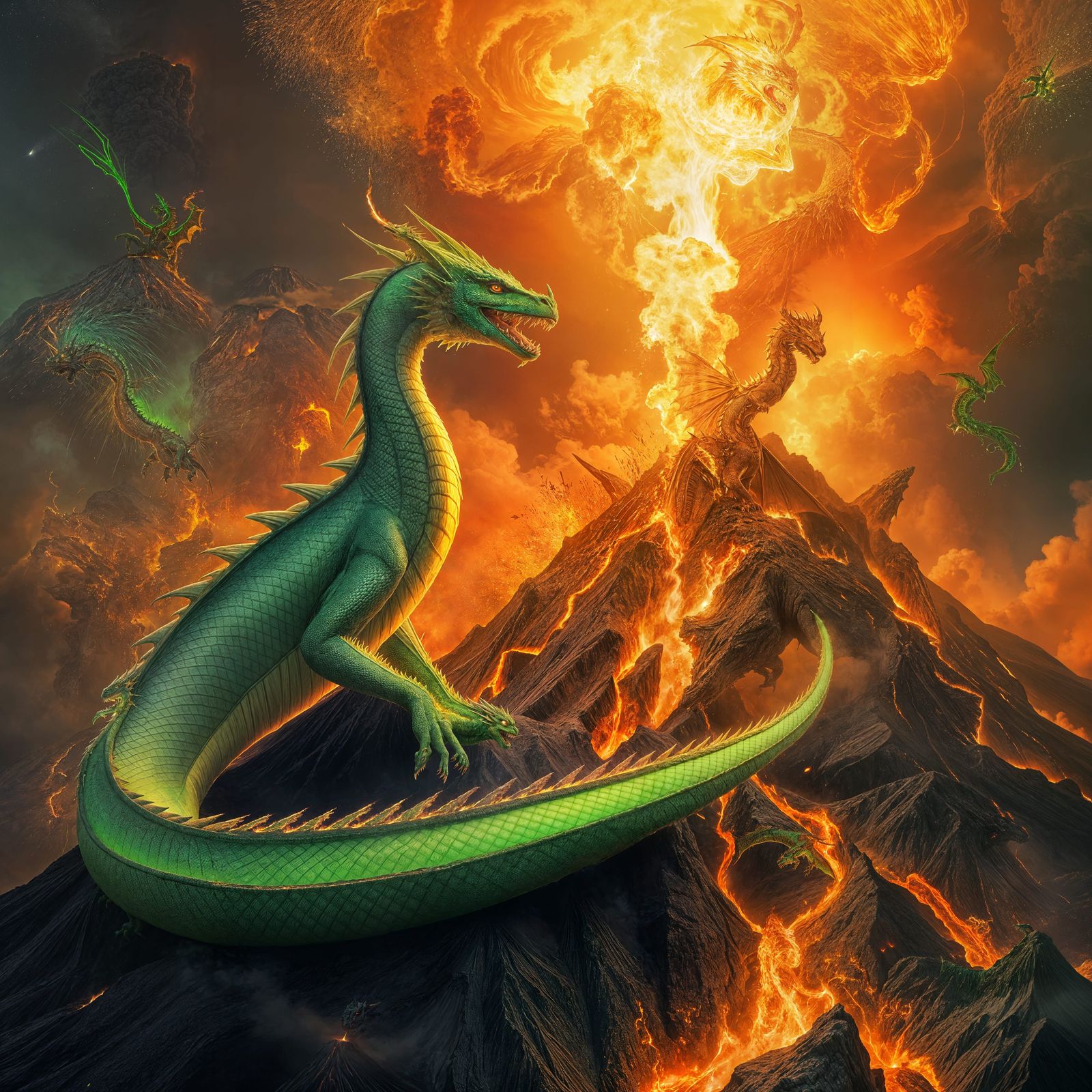Ethereal Green Dragon Unleashes Blazing Fury Amidst Volcanic...