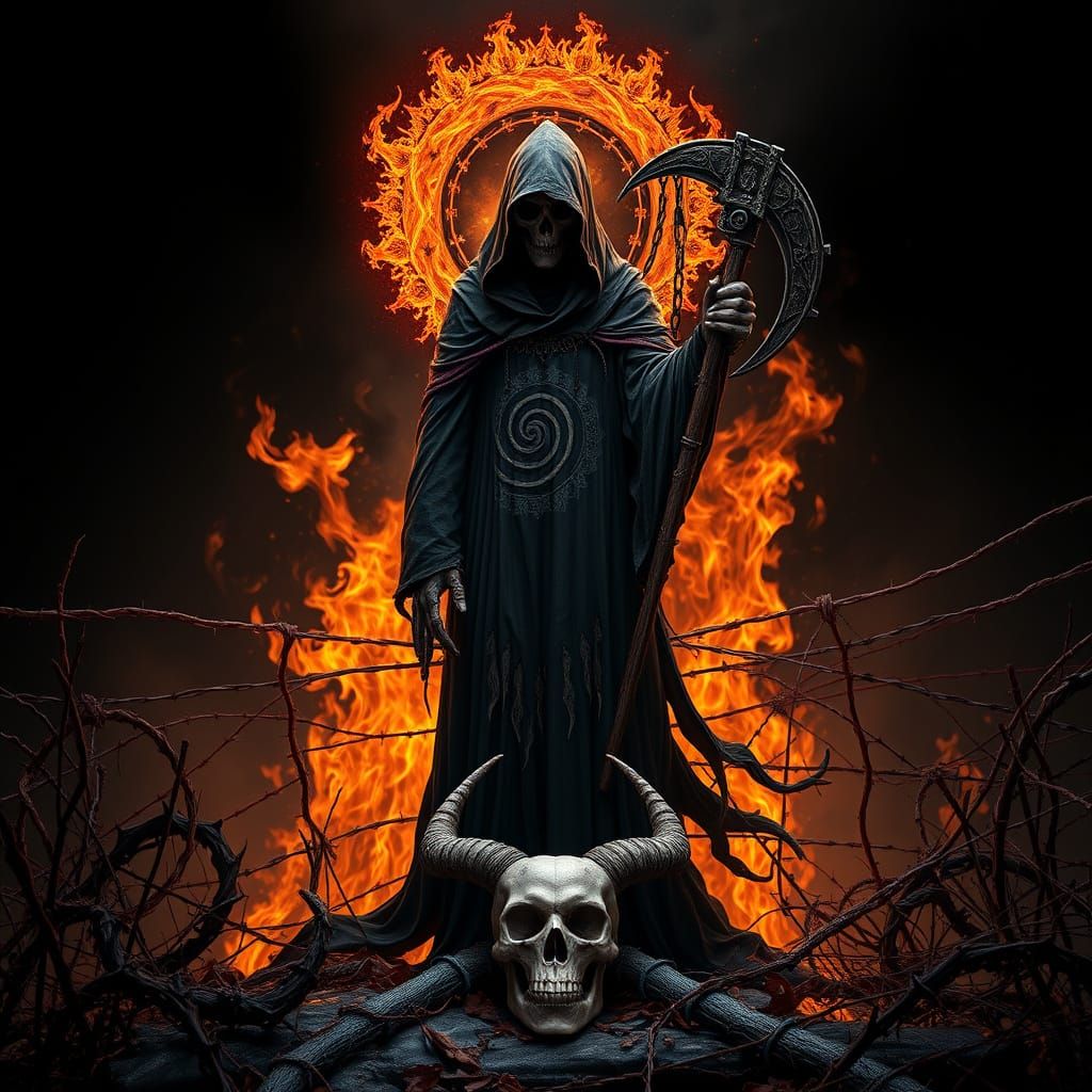 Gothic Reaper Amidst Fiery Thorns and Barbed Wire in Dark Fa...