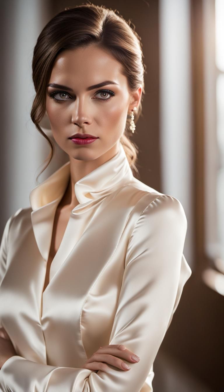 Woman in Satin Blouse with High Collar