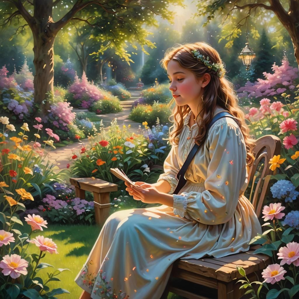 Girl in Garden with Diamond Music Notes